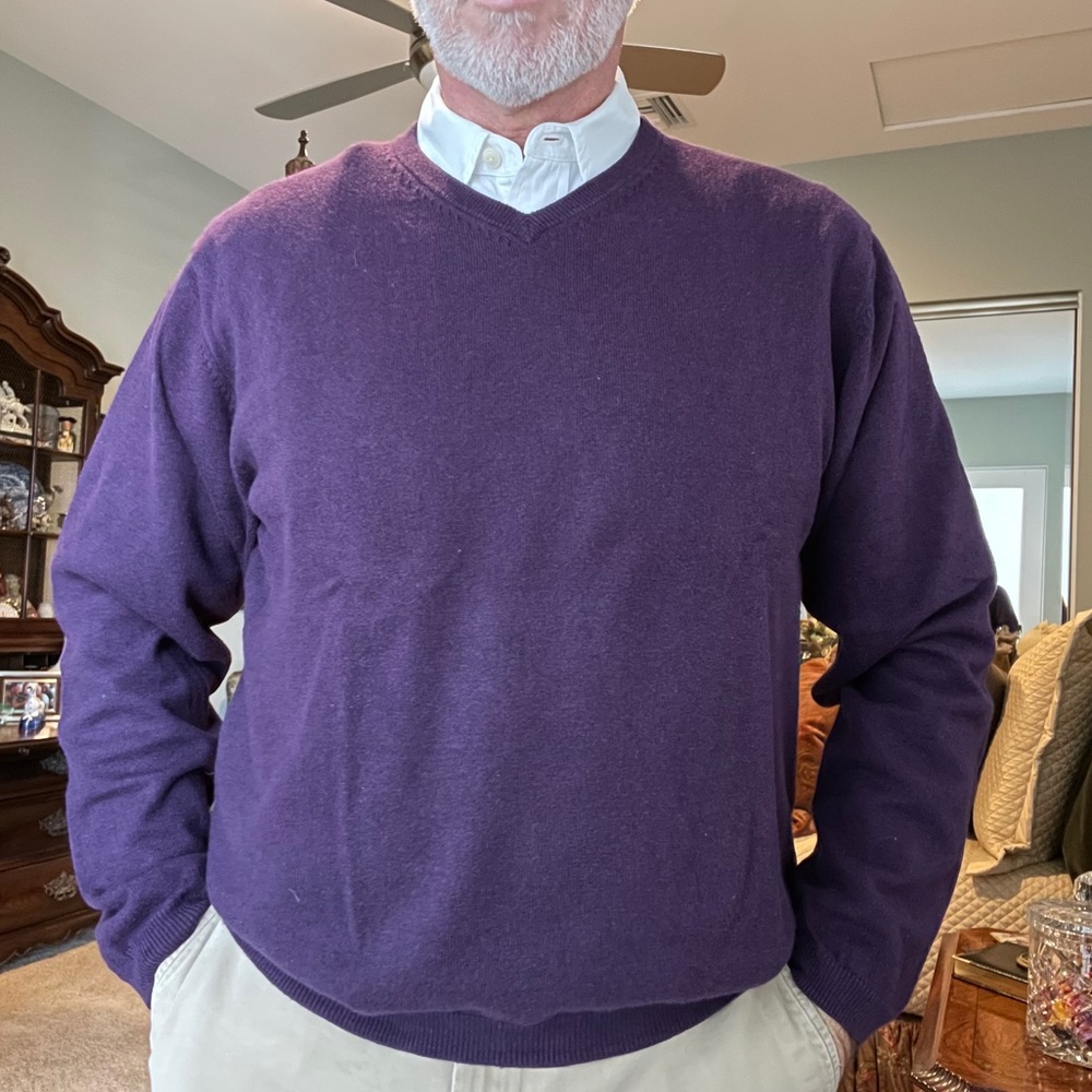 Large Purple Cotton Cashmere Blend V-Neck Sweater